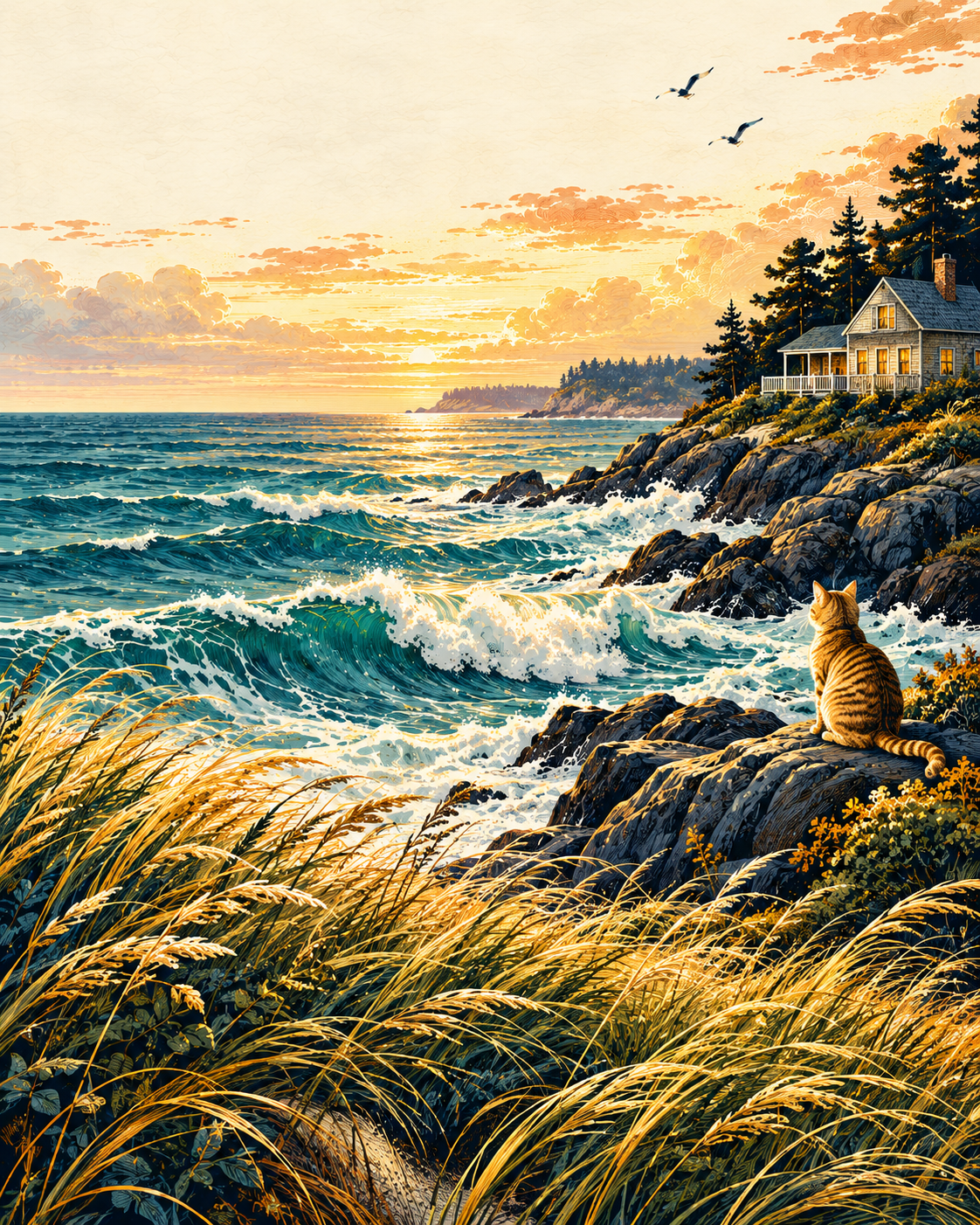 Golden grass and turquoise surf beside a coastal cottage